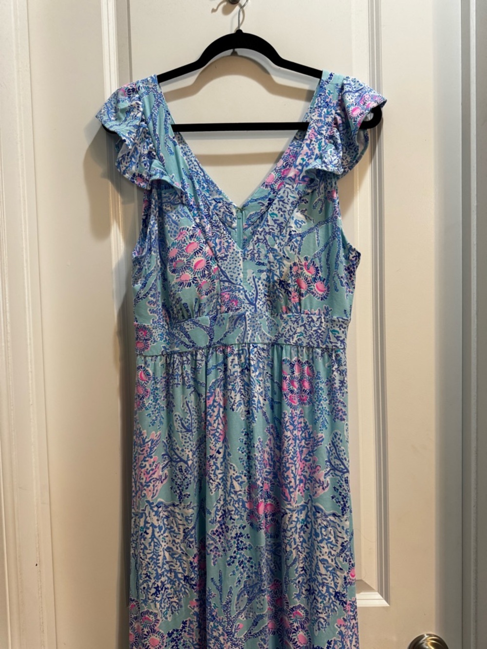 Lilly Pulitzer Blue Floral Sleeveless Maxi Dress Sz 12 Ruffles Vneck Tiered - Picture 4 of 7